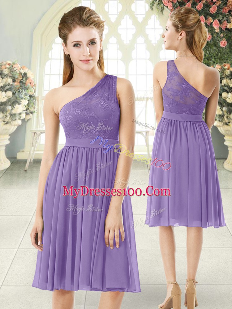 Lavender Empire One Shoulder Sleeveless Chiffon Knee Length Side Zipper Lace Prom Dress