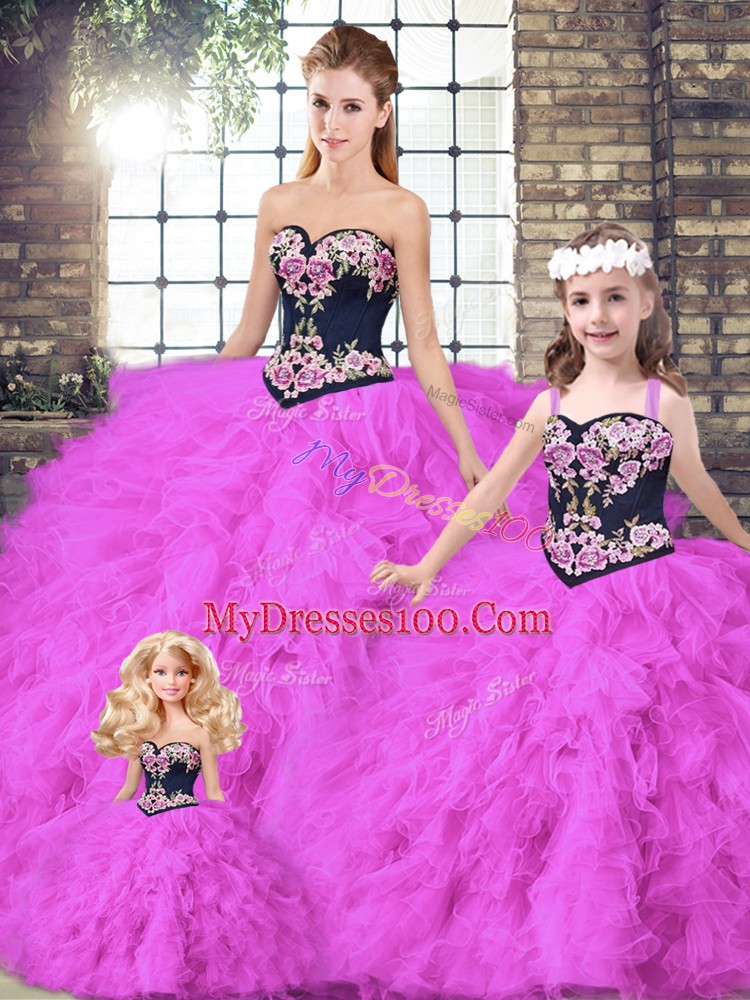Unique Fuchsia Ball Gowns Sweetheart Sleeveless Tulle Floor Length Lace Up Beading and Embroidery Sweet 16 Quinceanera Dress