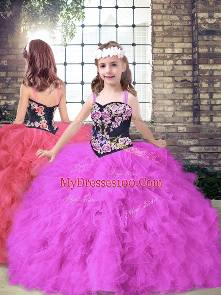 Unique Fuchsia Ball Gowns Sweetheart Sleeveless Tulle Floor Length Lace Up Beading and Embroidery Sweet 16 Quinceanera Dress
