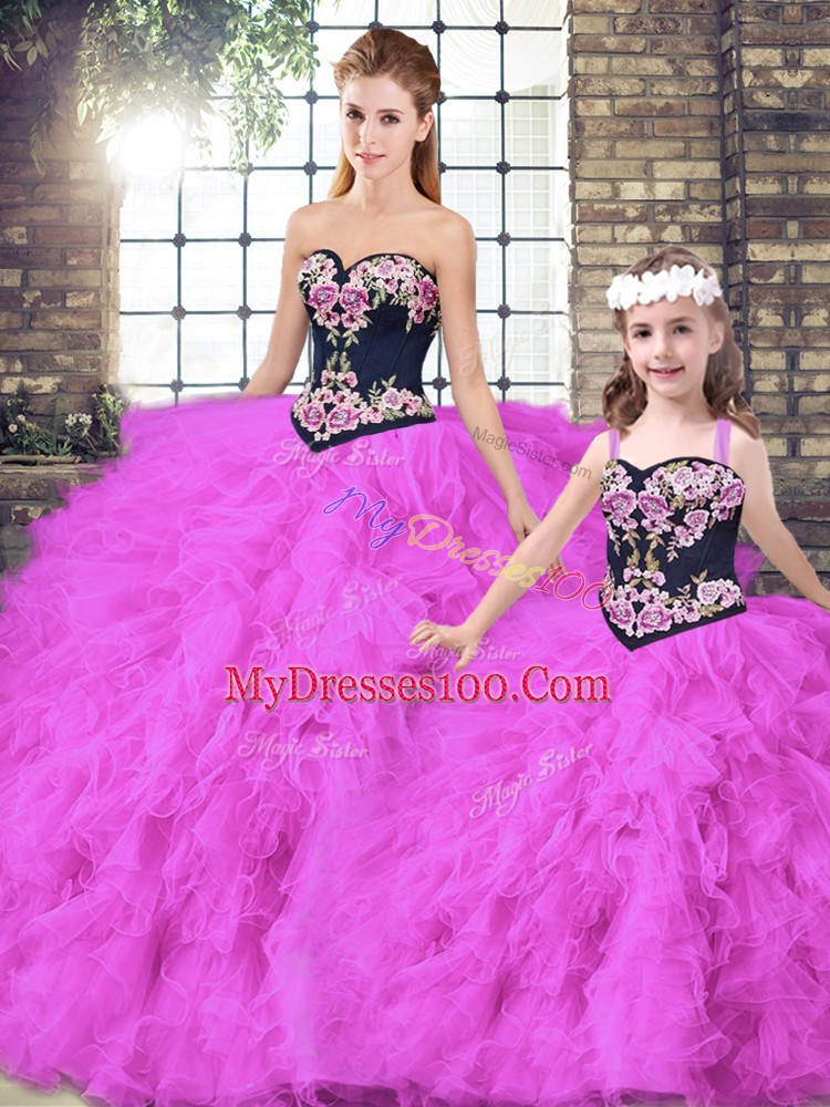 Unique Fuchsia Ball Gowns Sweetheart Sleeveless Tulle Floor Length Lace Up Beading and Embroidery Sweet 16 Quinceanera Dress