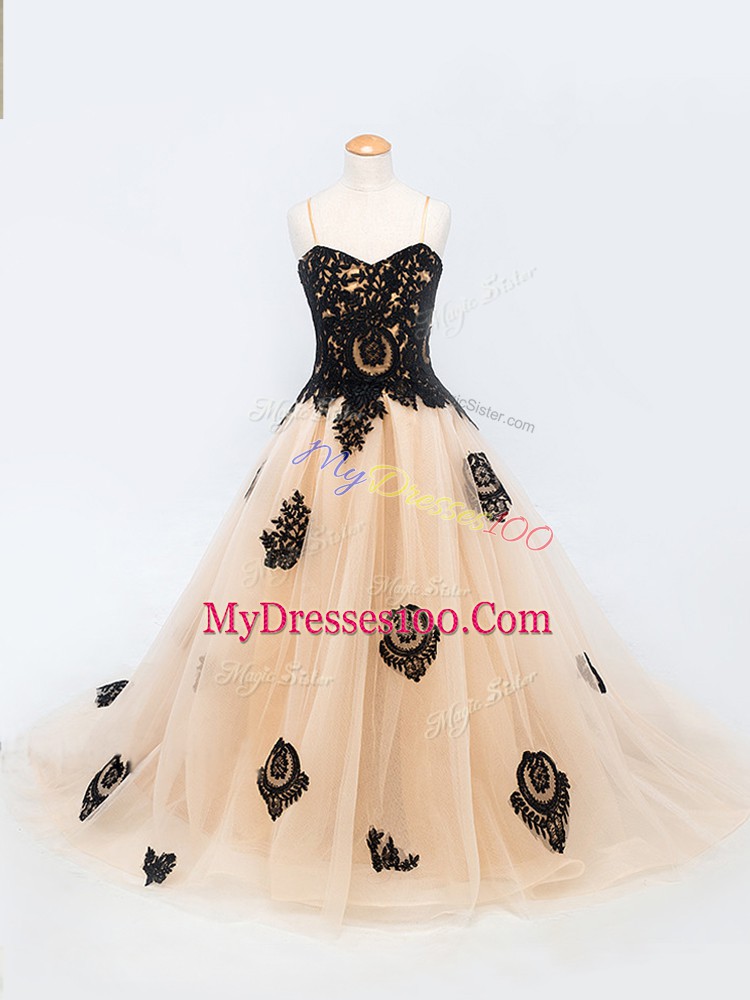 Brush Train A-line Pageant Gowns Peach Spaghetti Straps Tulle Sleeveless Lace Up