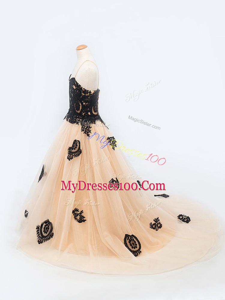 Brush Train A-line Pageant Gowns Peach Spaghetti Straps Tulle Sleeveless Lace Up