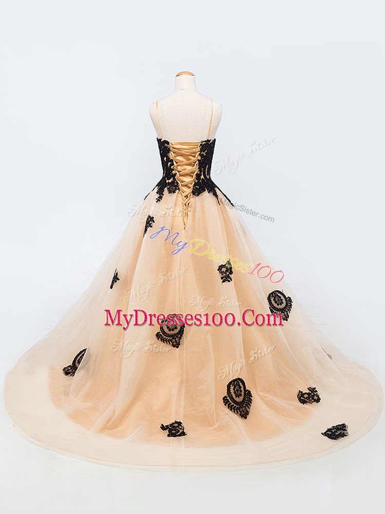 Brush Train A-line Pageant Gowns Peach Spaghetti Straps Tulle Sleeveless Lace Up