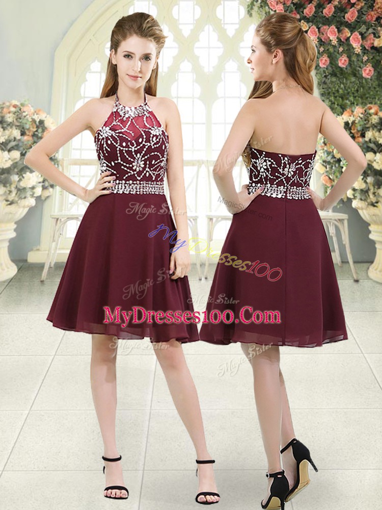 Glorious Burgundy Dress for Prom Prom and Party and Military Ball with Beading Halter Top Sleeveless Zipper