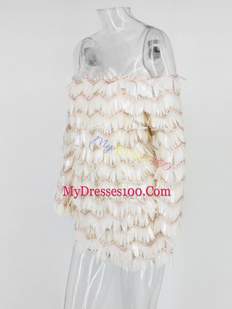 Off The Shoulder Long Sleeves Homecoming Dress White Sequined
