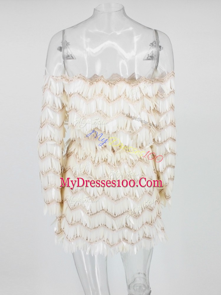 Off The Shoulder Long Sleeves Homecoming Dress White Sequined