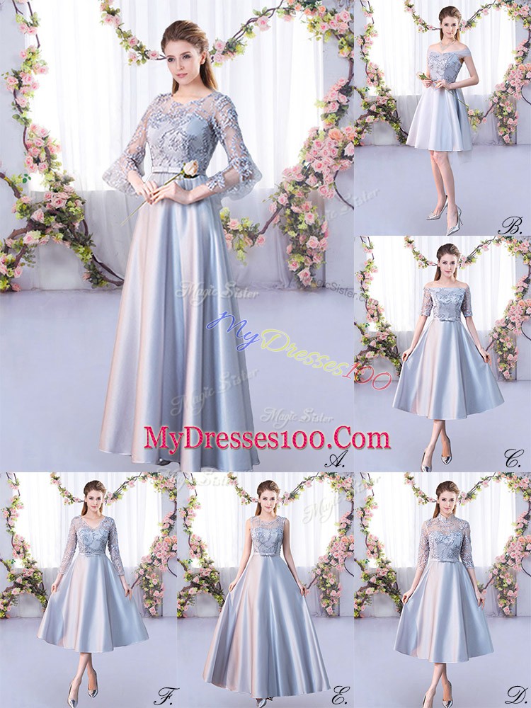 3 4 Length Sleeve Satin Floor Length Lace Up Bridesmaids Dress in Silver with Lace