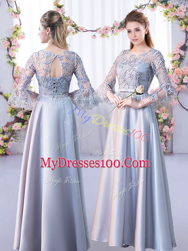 3 4 Length Sleeve Satin Floor Length Lace Up Bridesmaids Dress in Silver with Lace