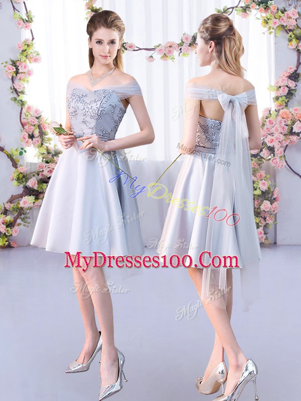 3 4 Length Sleeve Satin Floor Length Lace Up Bridesmaids Dress in Silver with Lace
