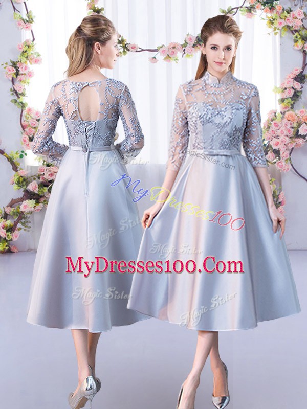 3 4 Length Sleeve Satin Floor Length Lace Up Bridesmaids Dress in Silver with Lace