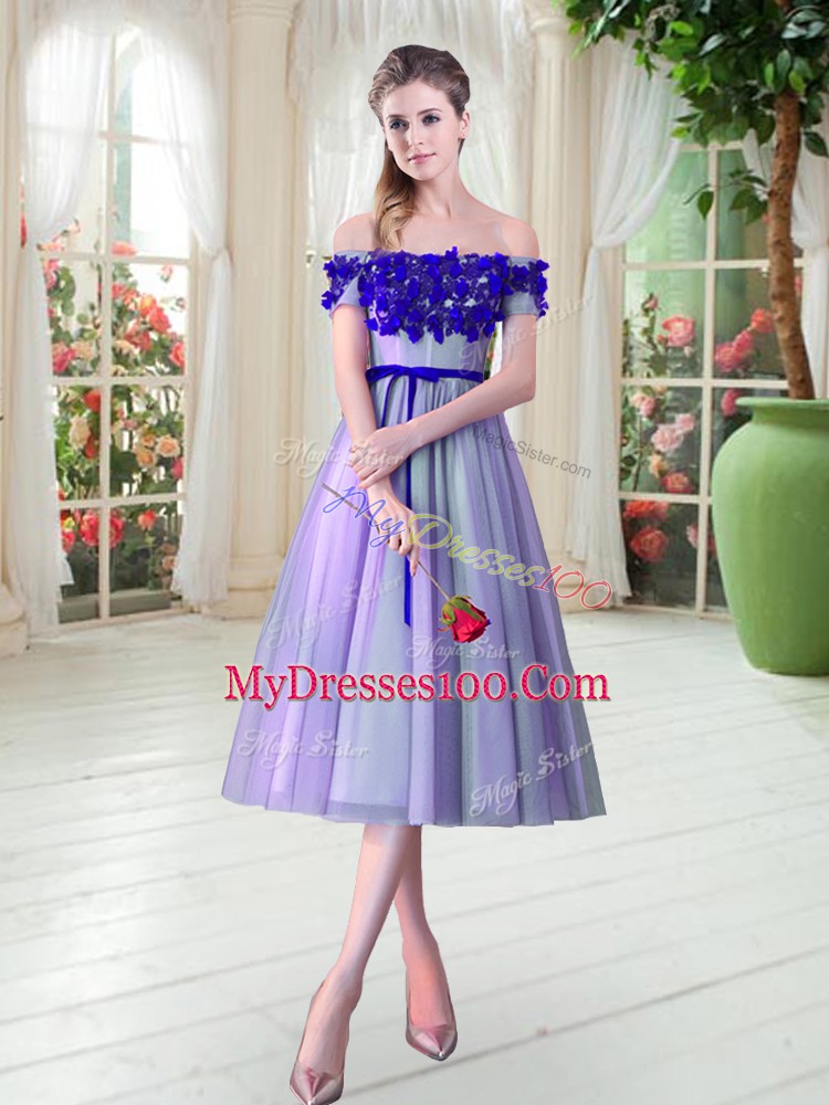 Appliques Evening Dress Lavender Lace Up Sleeveless Tea Length