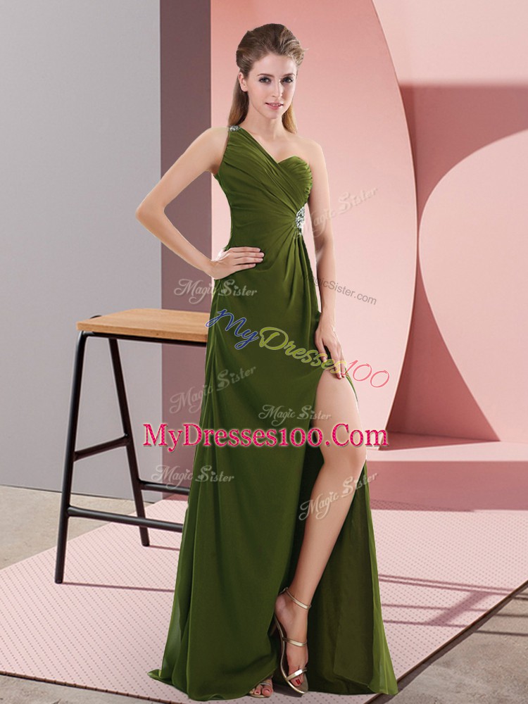 High End Olive Green Sleeveless Floor Length Beading Backless Prom Party Dress