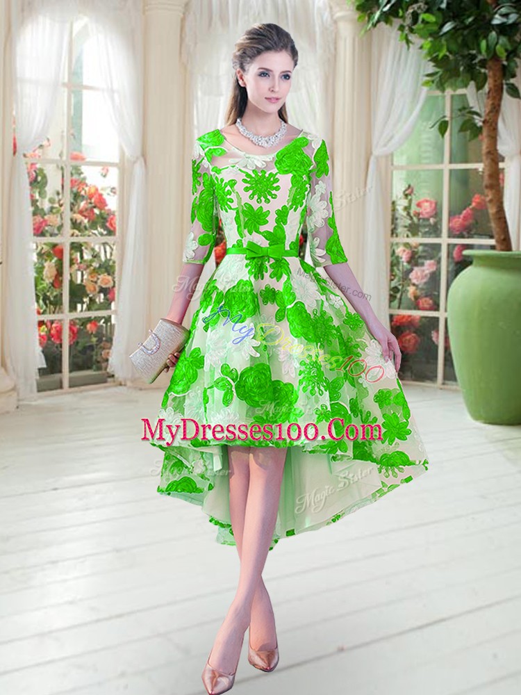Green A-line Lace Scoop Half Sleeves Belt High Low Lace Up Prom Gown