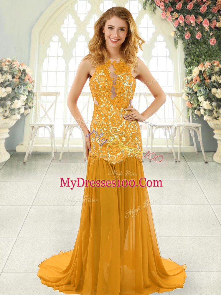 Gold Prom Gown Prom and Party with Lace Scoop Sleeveless Brush Train Backless