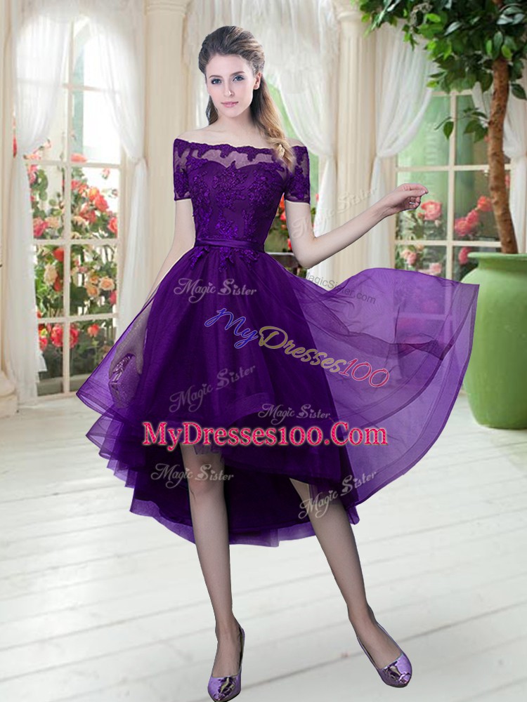 Purple A-line Lace Evening Dresses Lace Up Tulle Short Sleeves High Low