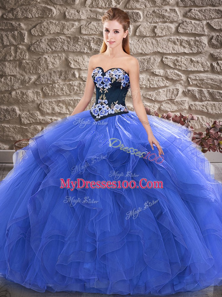 Sleeveless Floor Length Beading and Embroidery Lace Up Quinceanera Gowns with Blue