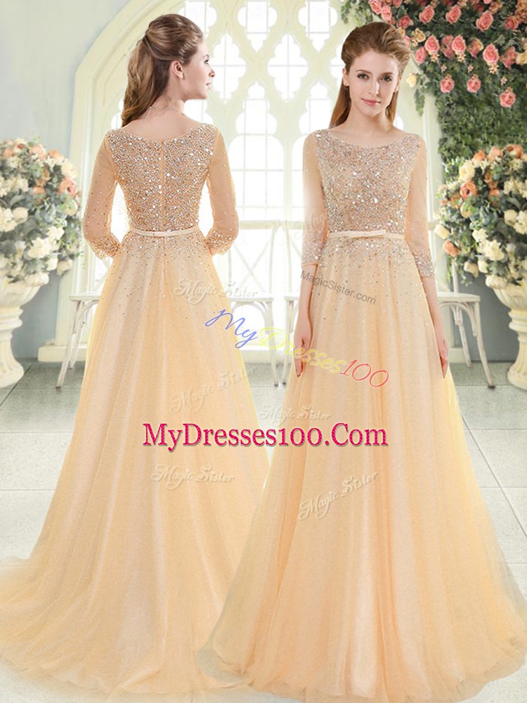 Hot Sale Champagne Tulle Zipper Prom Dresses 3 4 Length Sleeve Sweep Train Beading