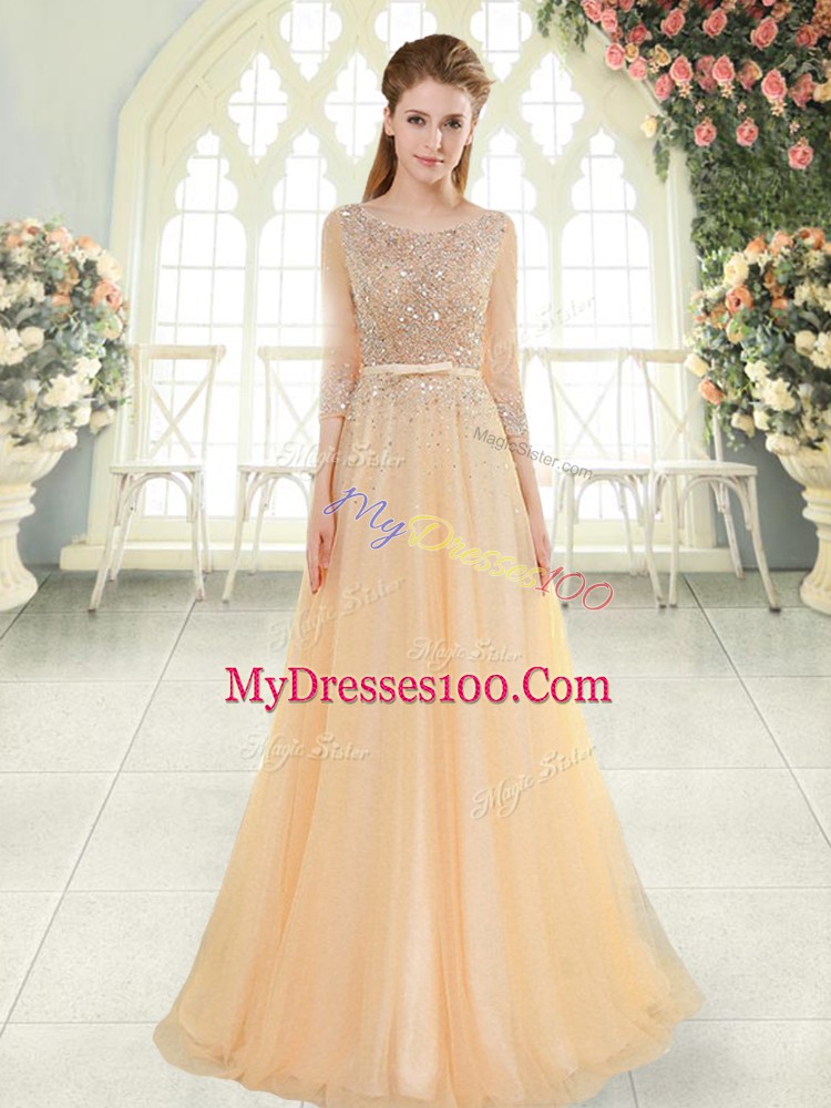 Hot Sale Champagne Tulle Zipper Prom Dresses 3 4 Length Sleeve Sweep Train Beading