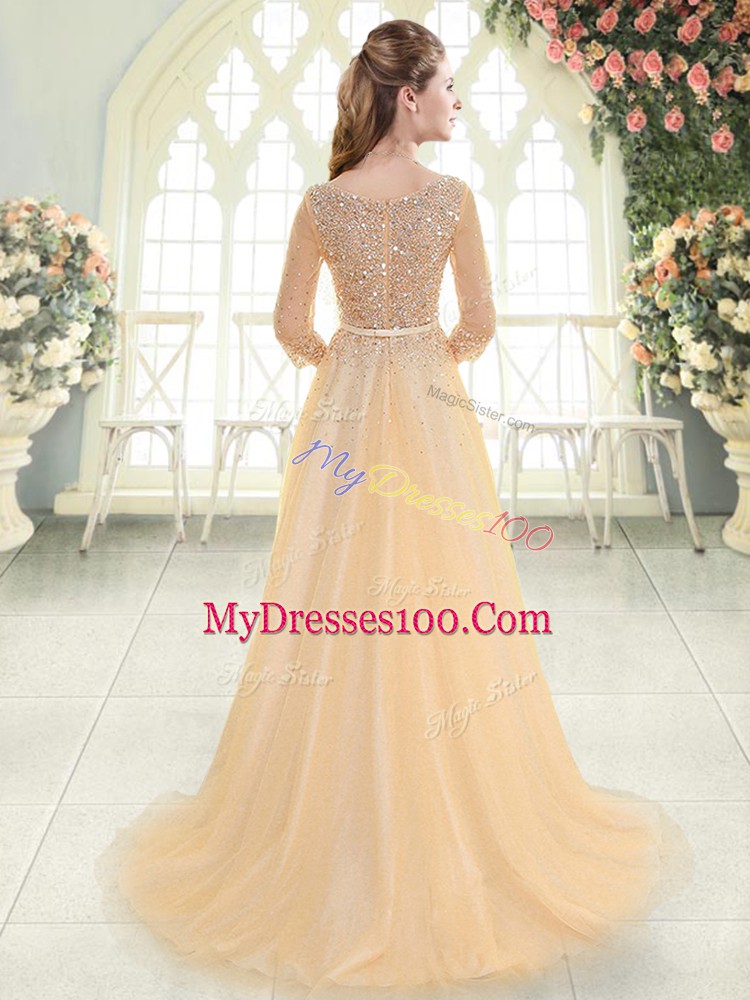 Hot Sale Champagne Tulle Zipper Prom Dresses 3 4 Length Sleeve Sweep Train Beading