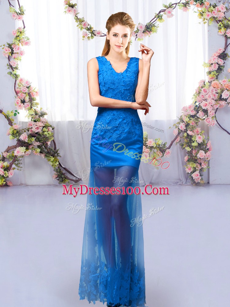Royal Blue Sleeveless Floor Length Lace Lace Up Bridesmaid Dress