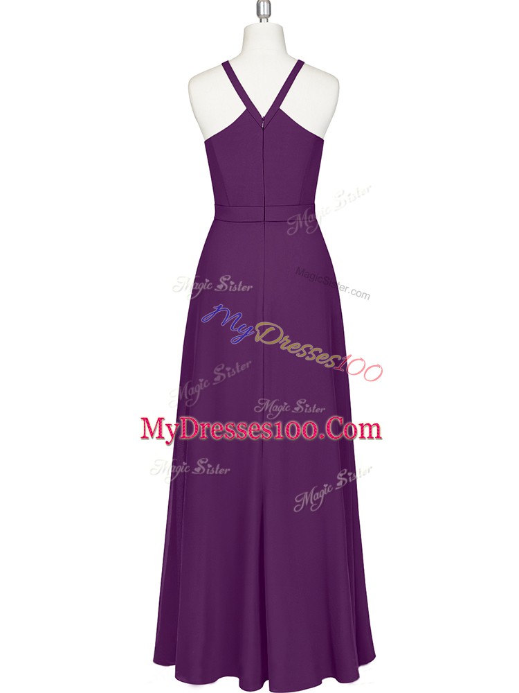 Column/Sheath Dress for Prom Eggplant Purple Straps Chiffon Sleeveless Floor Length Zipper