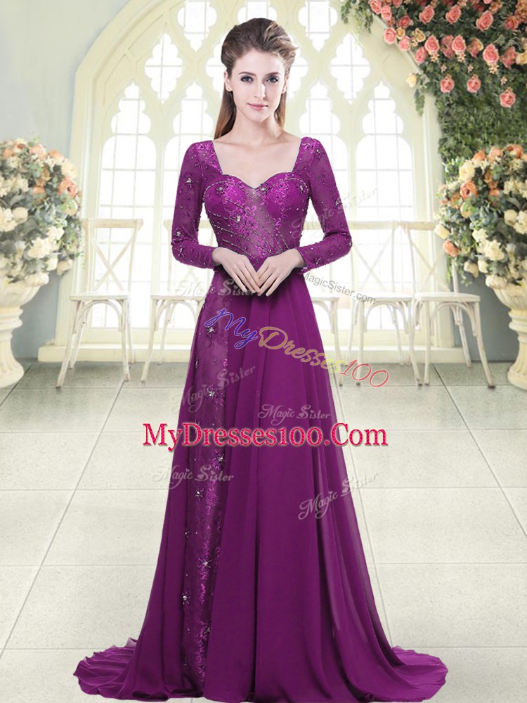 Captivating Purple Chiffon Zipper Sweetheart Long Sleeves Dress for Prom Brush Train Beading