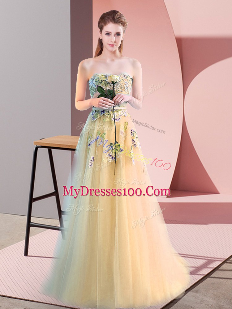 Light Yellow Tulle Lace Up Prom Evening Gown Sleeveless Floor Length Appliques
