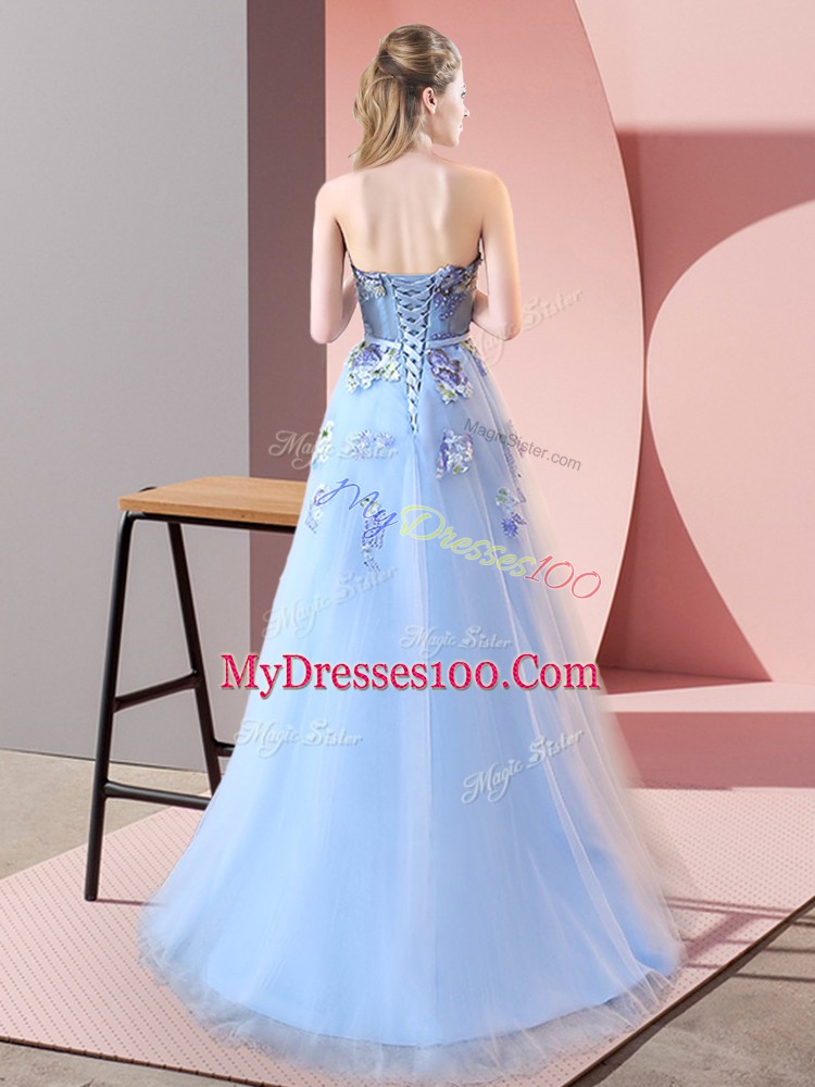 Light Yellow Tulle Lace Up Prom Evening Gown Sleeveless Floor Length Appliques