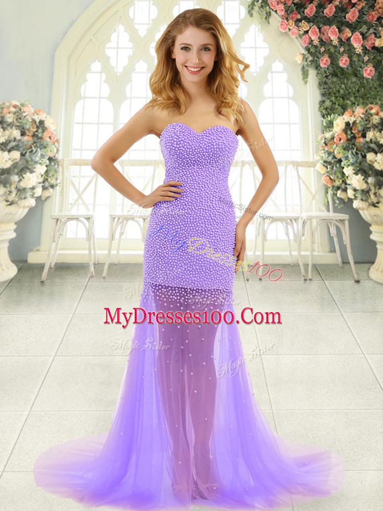 Lavender Mermaid Sweetheart Sleeveless Tulle Brush Train Zipper Beading Prom Dresses