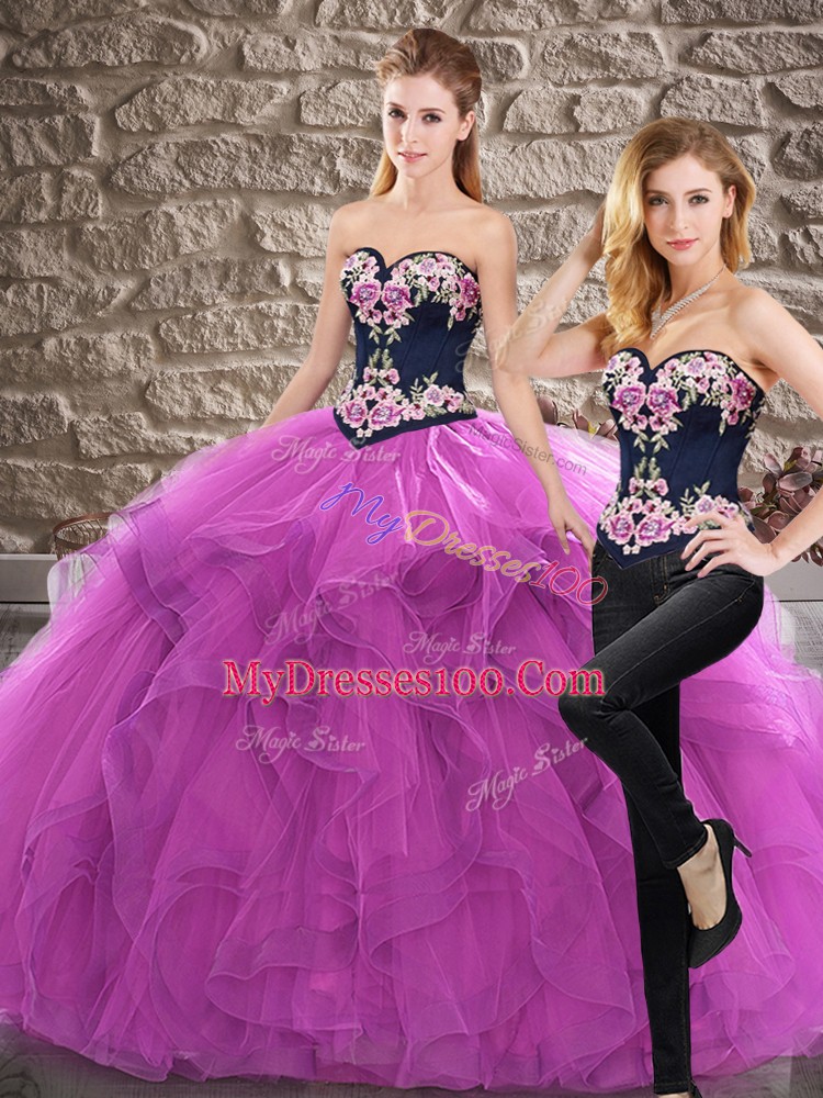 On Sale Purple Sleeveless Sweep Train Embroidery and Ruffles Sweet 16 Dress