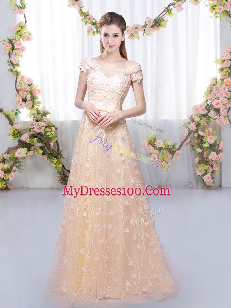 Peach Lace Up Wedding Guest Dresses Appliques Cap Sleeves Floor Length