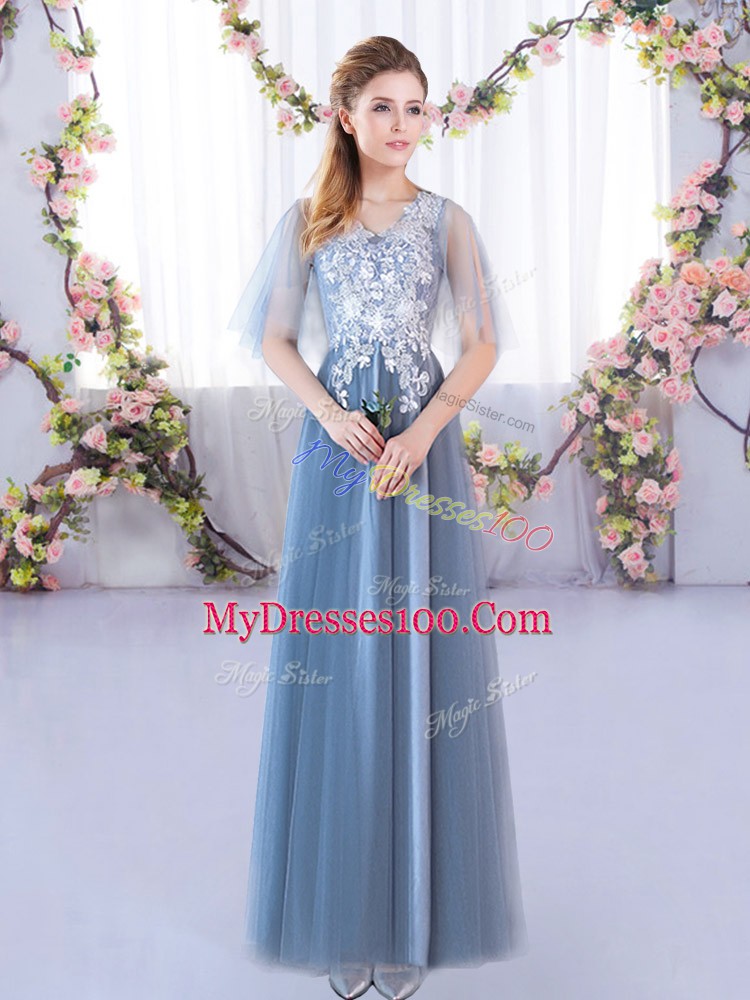 Spectacular V-neck Half Sleeves Dama Dress for Quinceanera Floor Length Lace Blue Tulle