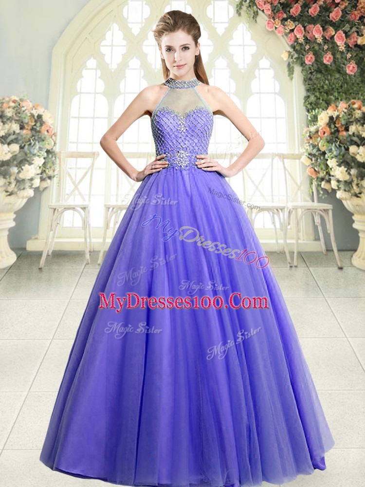 Hot Sale Lavender Zipper Halter Top Beading Evening Dress Tulle Sleeveless
