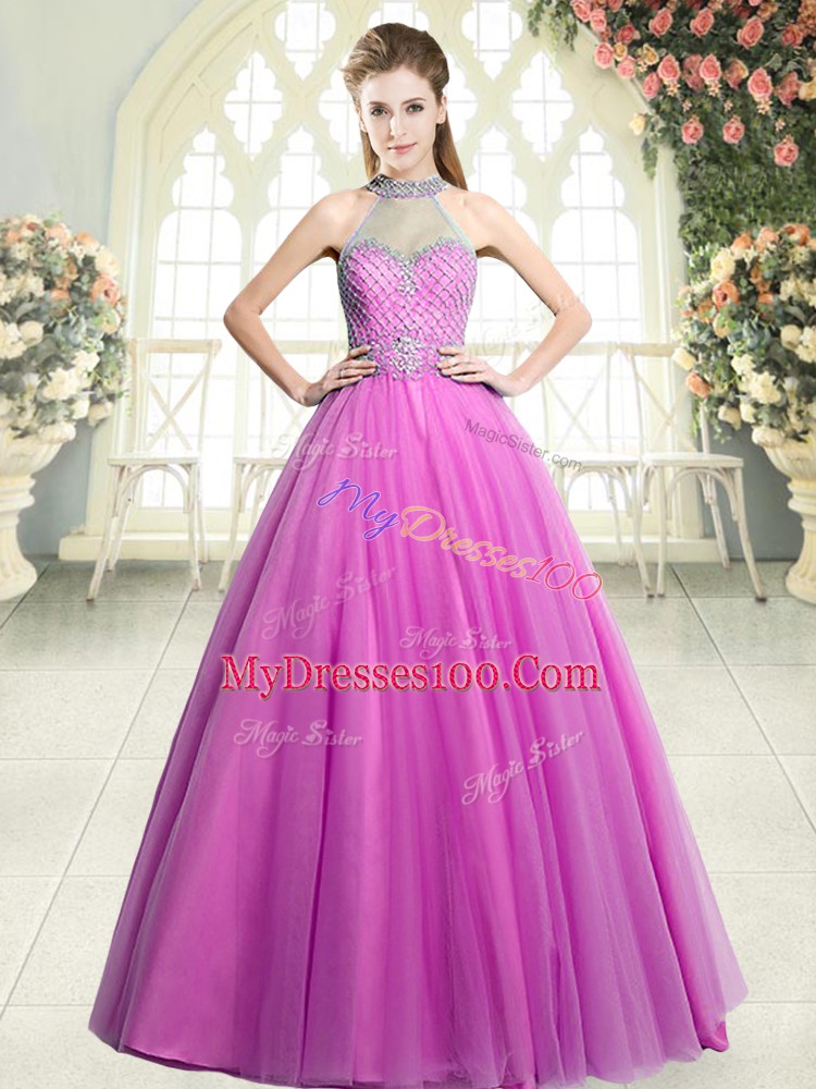 Most Popular Pink A-line Beading Evening Outfits Zipper Tulle Sleeveless Floor Length