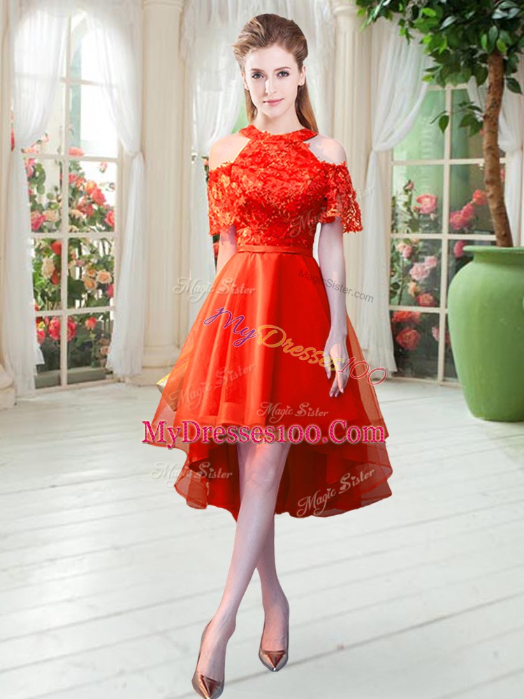 Rust Red High-neck Neckline Lace Prom Dress Short Sleeves Zipper