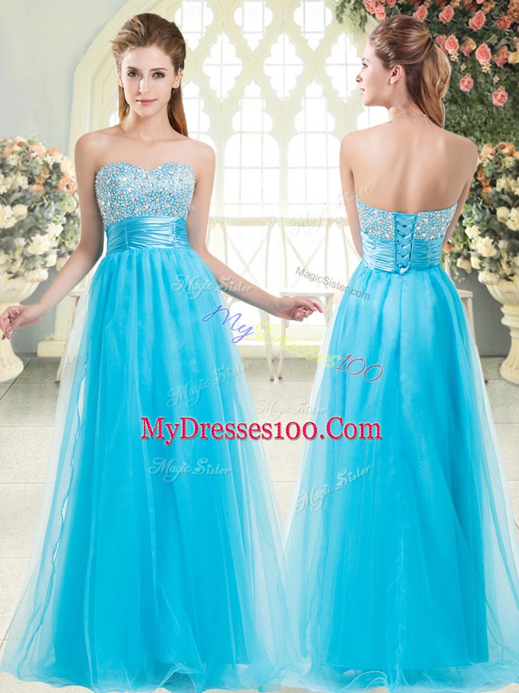Floor Length Lace Up Prom Evening Gown Aqua Blue for Prom and Party with Beading