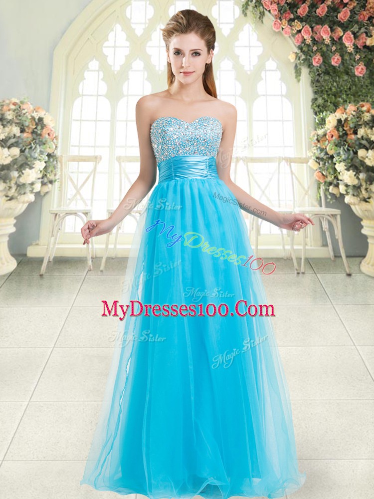 Floor Length Lace Up Prom Evening Gown Aqua Blue for Prom and Party with Beading