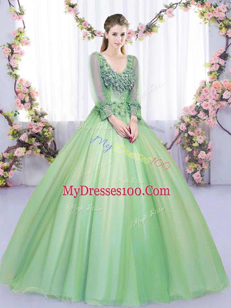 Green Long Sleeves Lace and Appliques Floor Length Sweet 16 Dress
