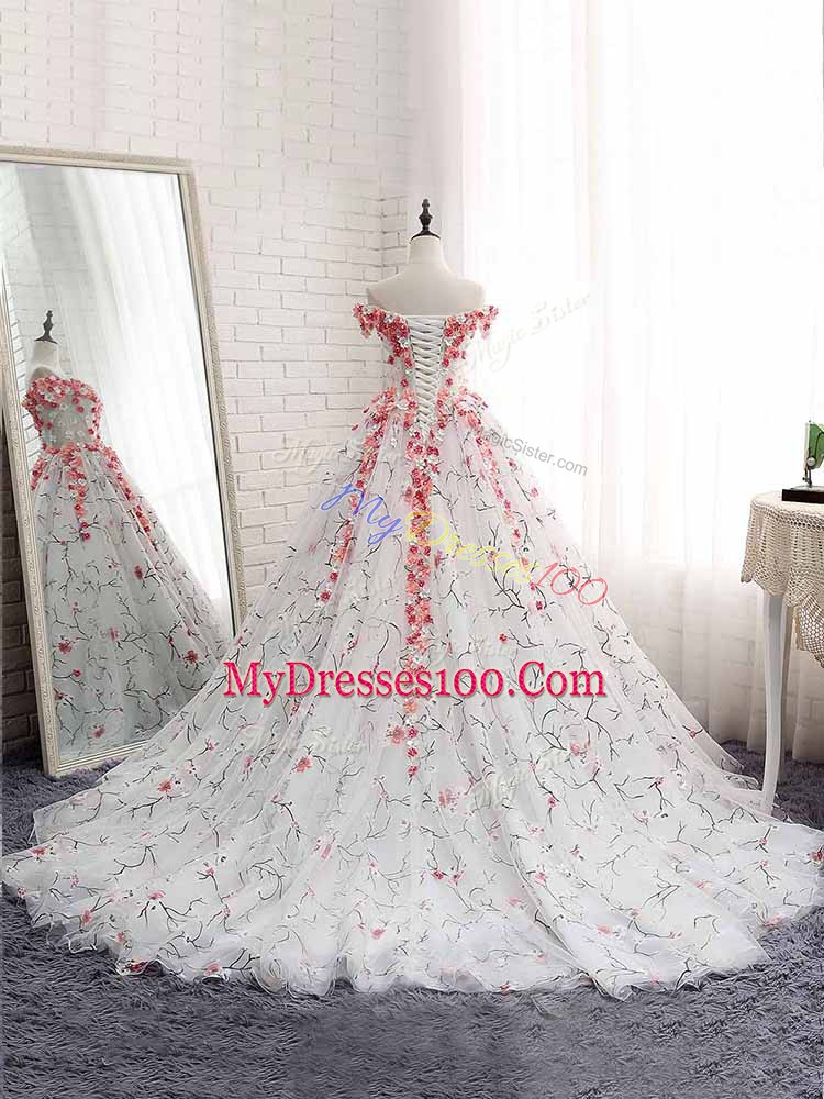 White Sleeveless Brush Train Appliques Sweet 16 Quinceanera Dress