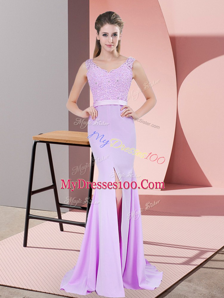Hot Sale Lilac Zipper Prom Evening Gown Beading and Lace Sleeveless Sweep Train