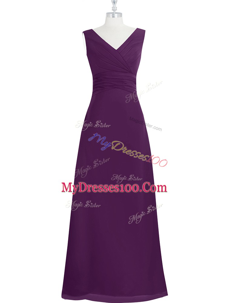 Eggplant Purple Chiffon Zipper V-neck Sleeveless Floor Length Prom Dress Ruching