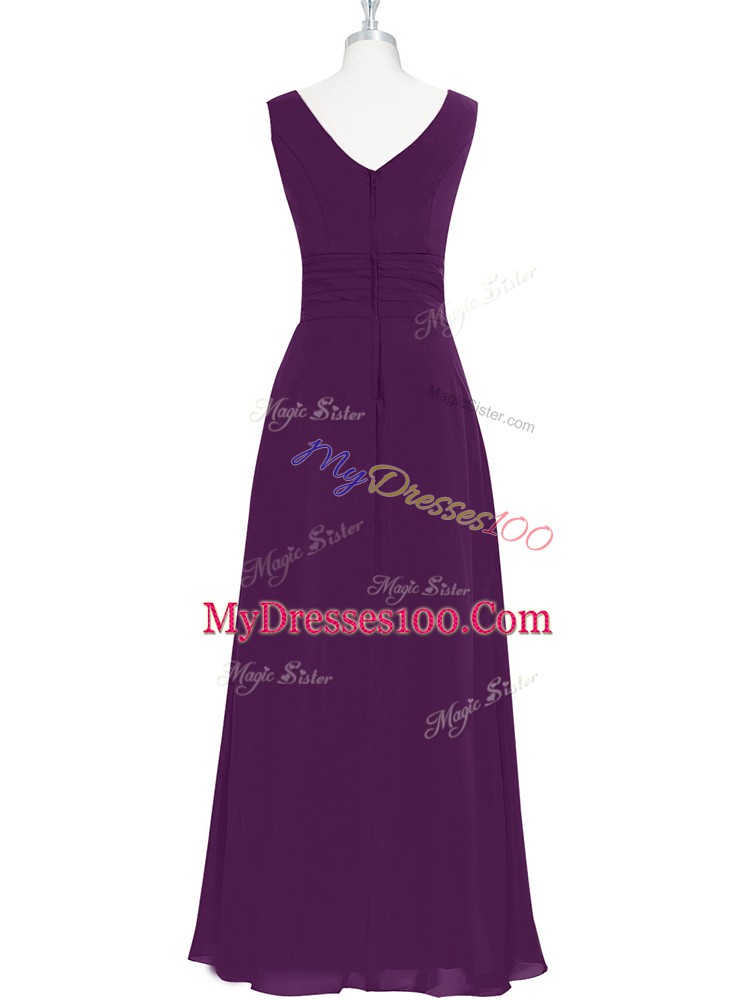 Eggplant Purple Chiffon Zipper V-neck Sleeveless Floor Length Prom Dress Ruching