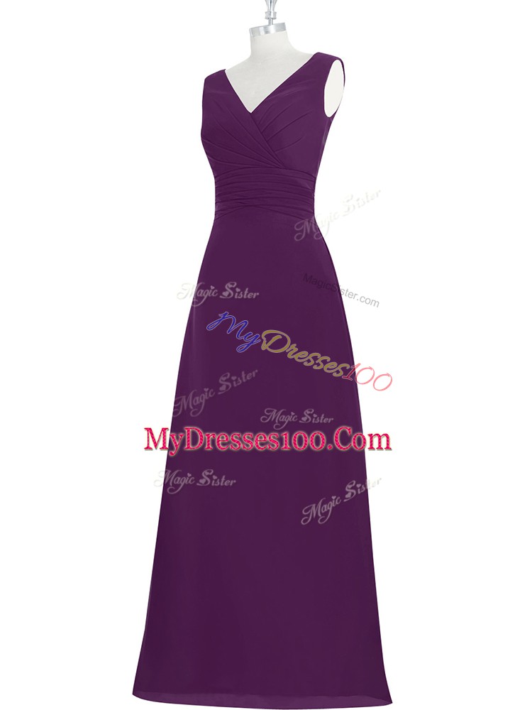 Eggplant Purple Chiffon Zipper V-neck Sleeveless Floor Length Prom Dress Ruching
