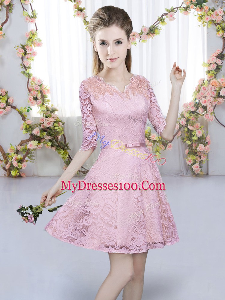 Sumptuous Lace V-neck Half Sleeves Zipper Belt Quinceanera Dama Dress in Pink