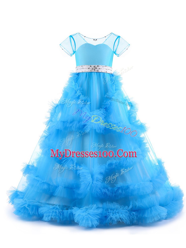 Tulle V-neck Short Sleeves Backless Beading and Ruffles Pageant Dress for Teens in Baby Blue