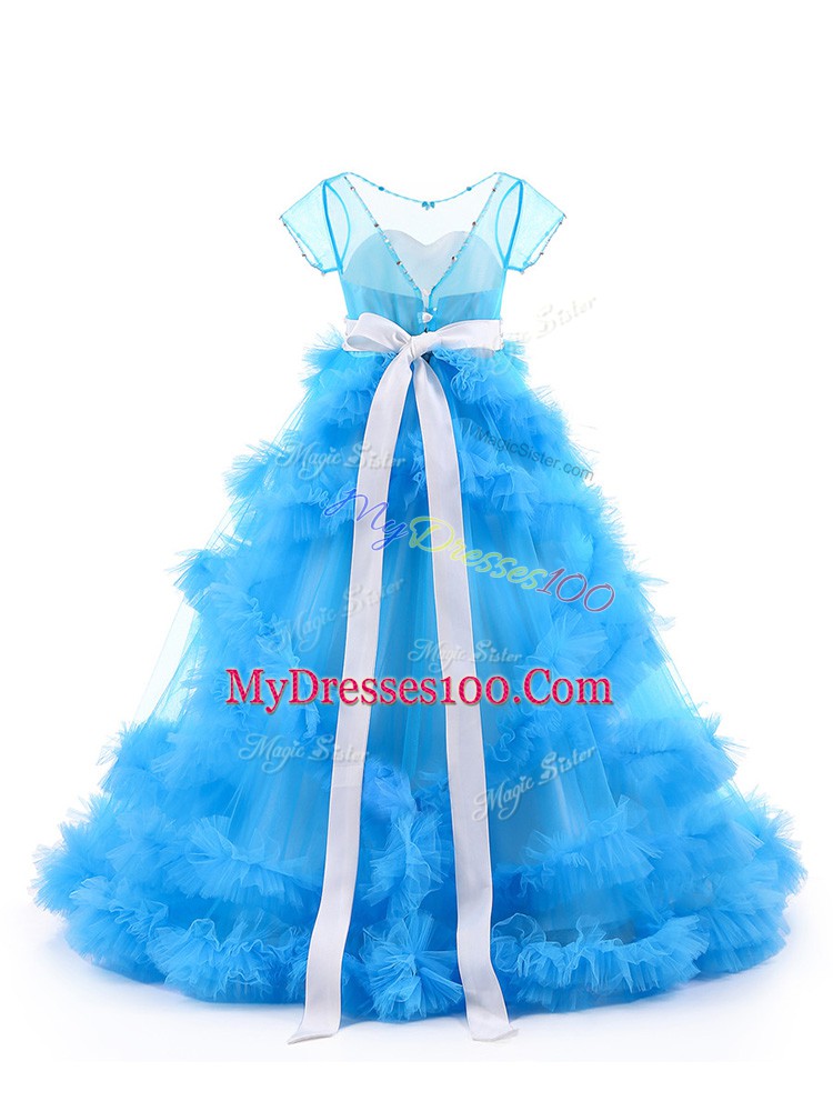 Tulle V-neck Short Sleeves Backless Beading and Ruffles Pageant Dress for Teens in Baby Blue