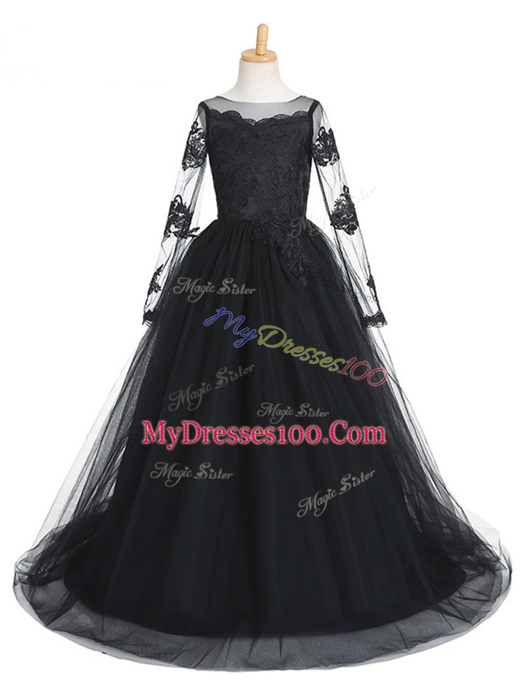 Hot Sale Black A-line Scoop Long Sleeves Tulle Brush Train Clasp Handle Lace Pageant Dress for Teens