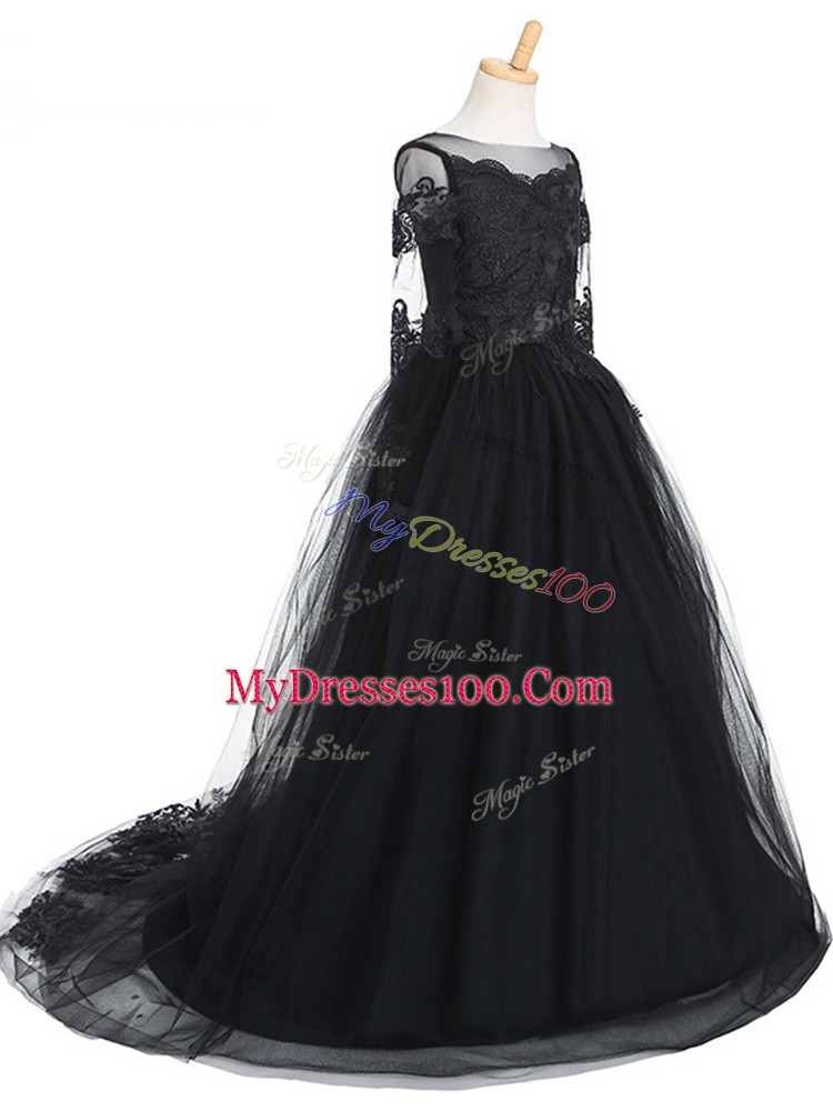 Hot Sale Black A-line Scoop Long Sleeves Tulle Brush Train Clasp Handle Lace Pageant Dress for Teens