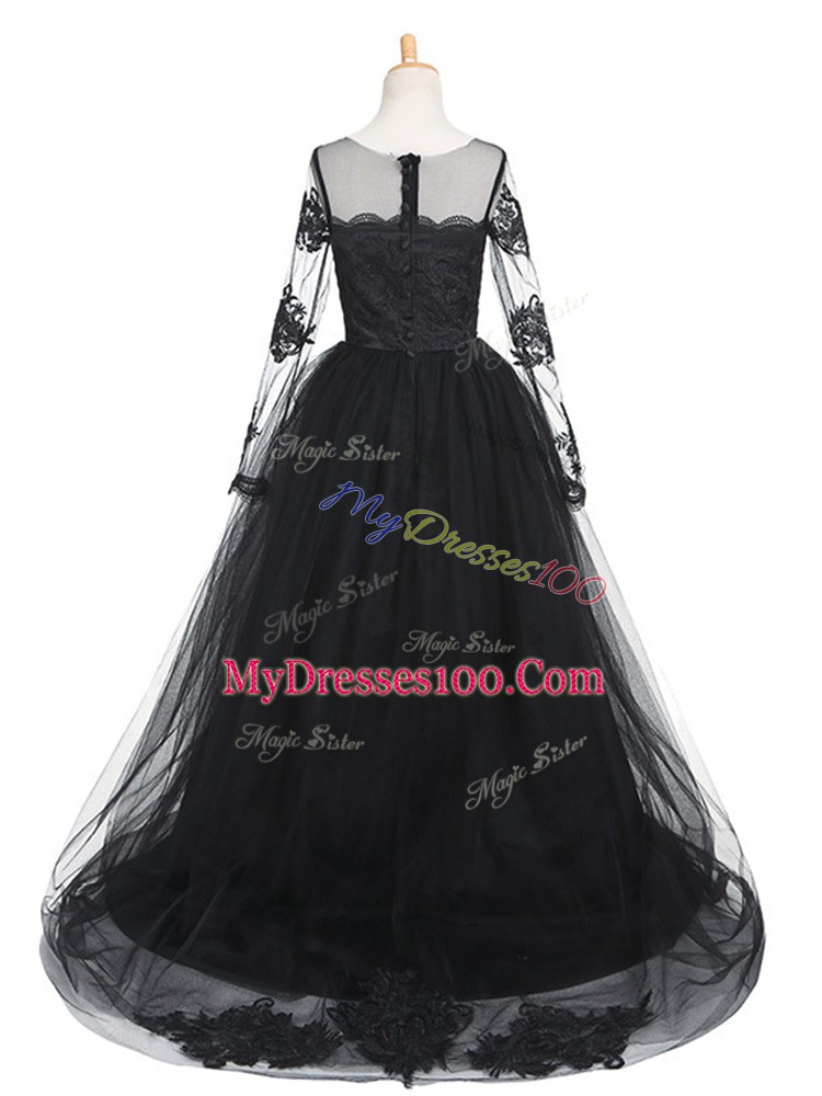 Hot Sale Black A-line Scoop Long Sleeves Tulle Brush Train Clasp Handle Lace Pageant Dress for Teens