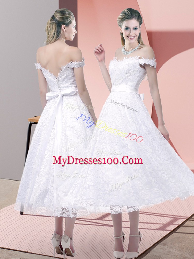 Discount White Sleeveless Belt Tea Length Evening Dress